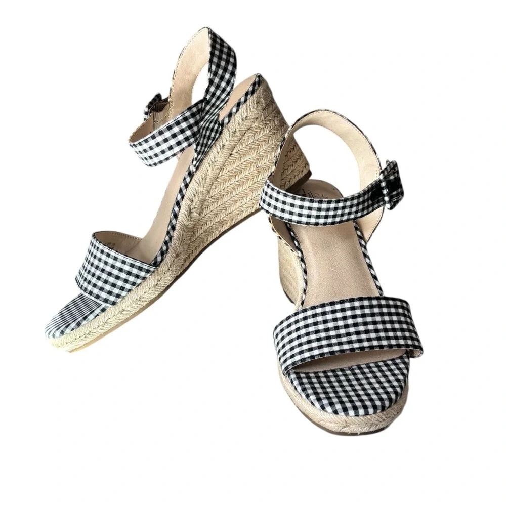 LIFESTRIDE - TANGO - SZ 10 CRISP BLACK & WHITE CHECK ESPADRILLE WEDGE SANDAL‎ S5